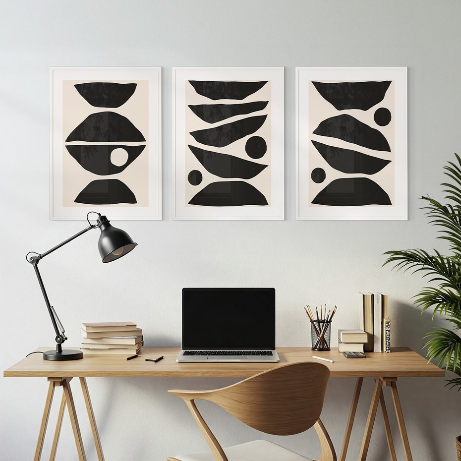 Zestaw obrazy w ramie, plakaty - abstrakcja, minimalizm, kształty - rama biała