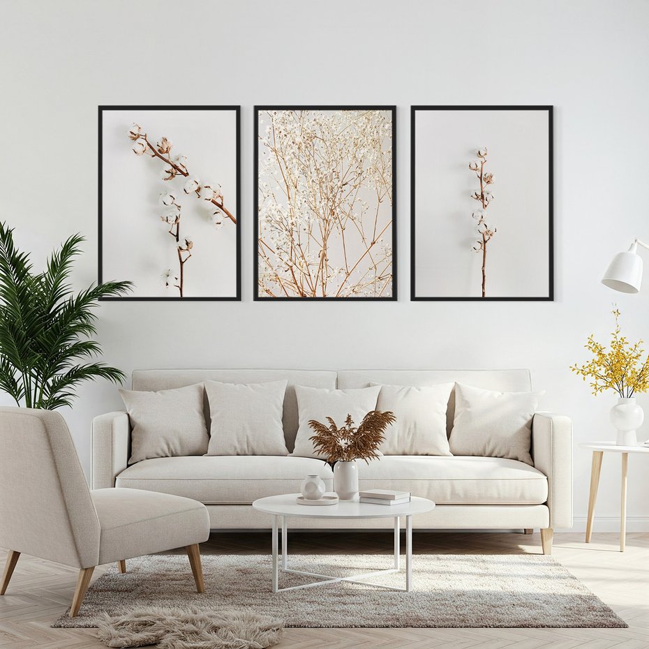 Zestaw obrazy w ramie, plakaty - bawełna, gałązki, delikatny - rama czarna