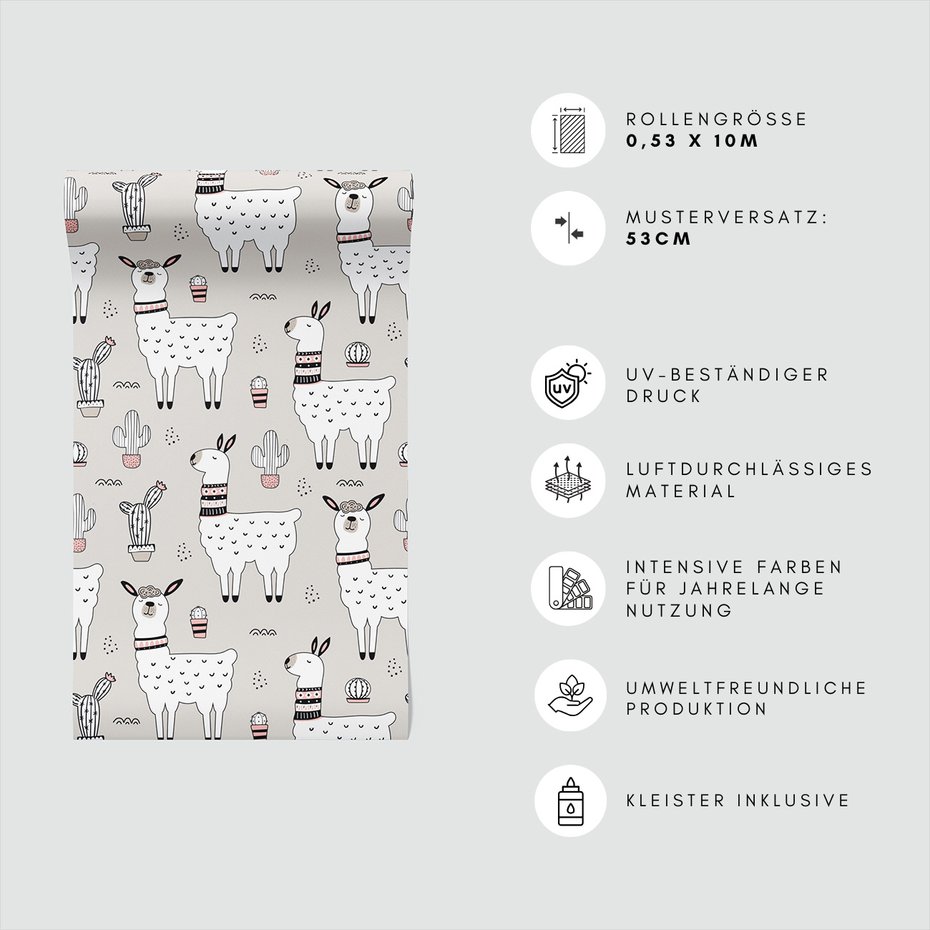 Tapeta - dziecięca, lama, kaktus, wzór