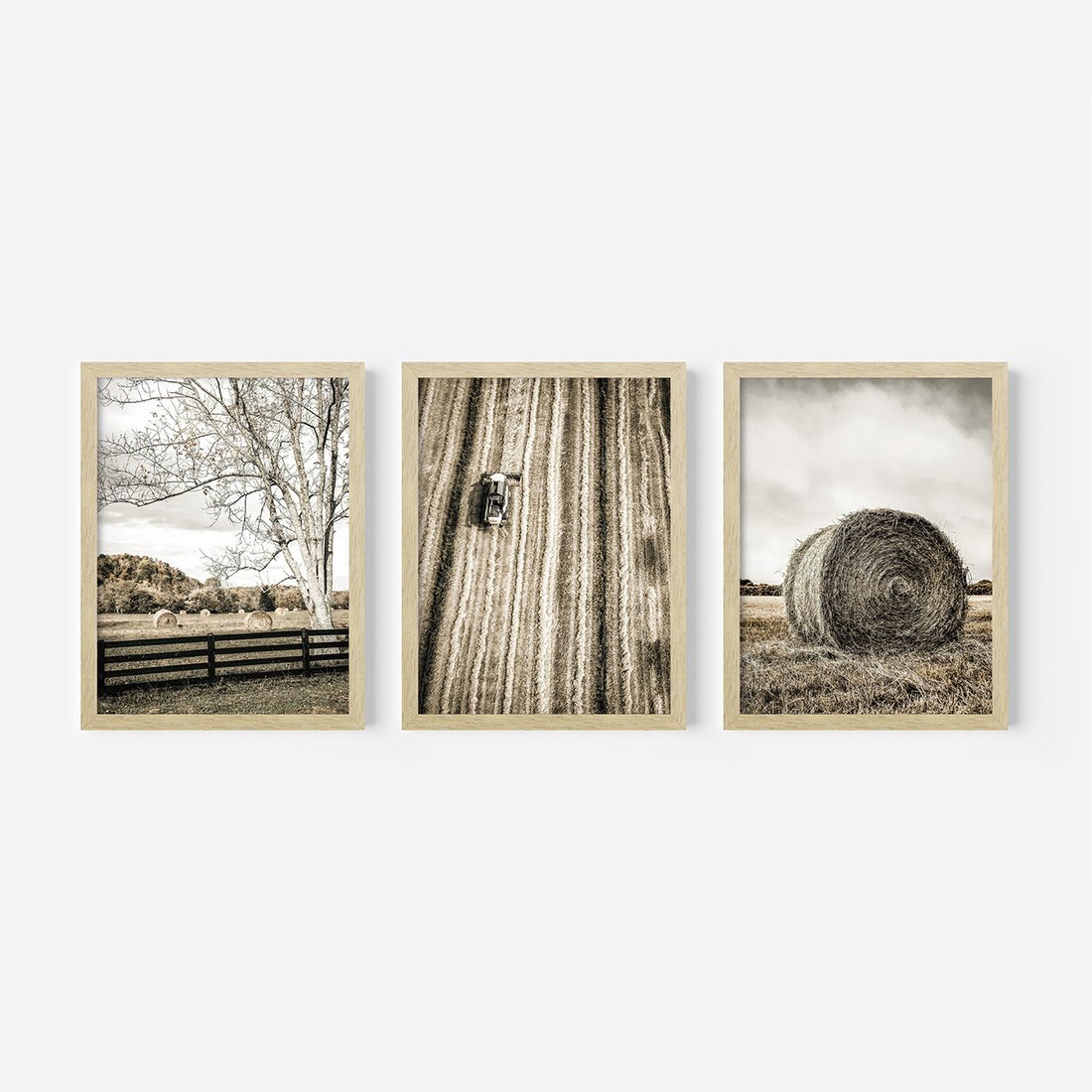 Zestaw obrazy w ramie, plakaty - wieś, pole, siano, - rama drewno