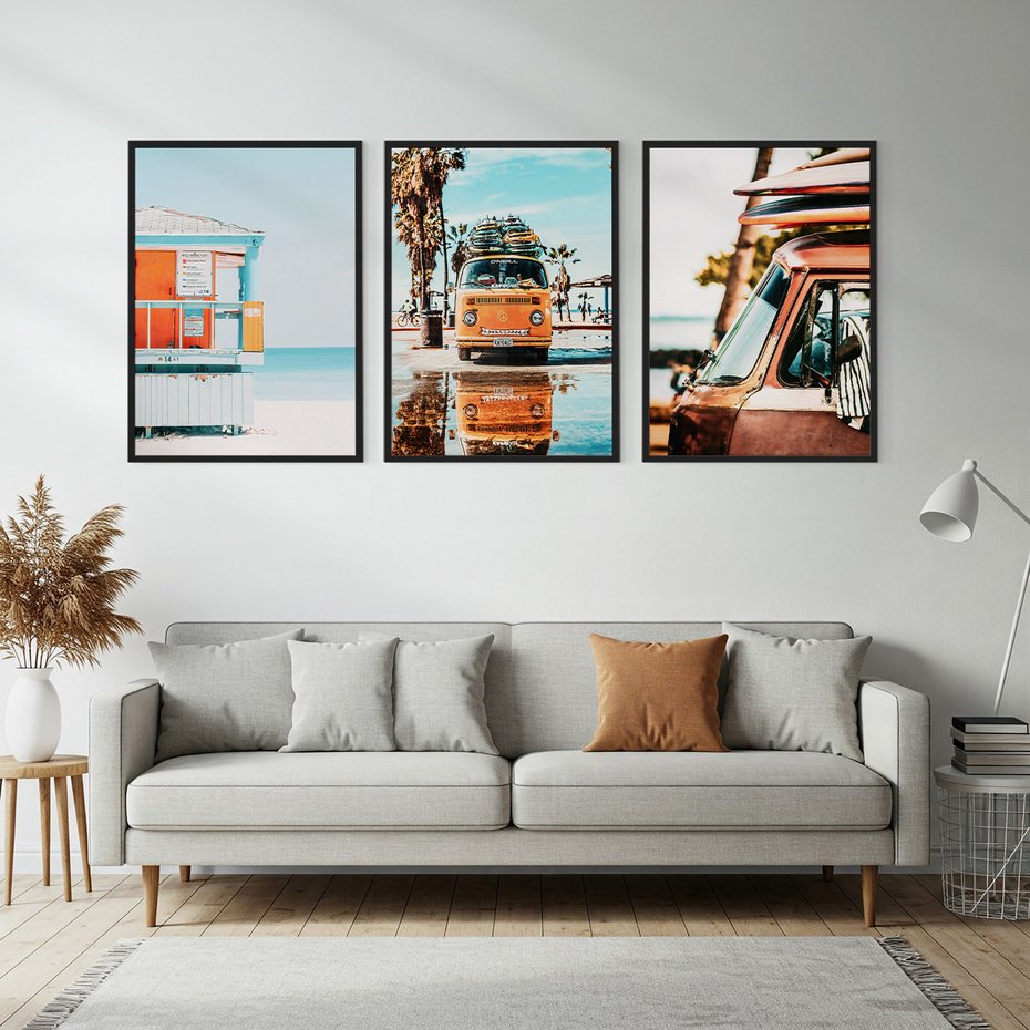 Zestaw obrazy w ramie, plakaty - plaża, wakacje, lato - rama czarna