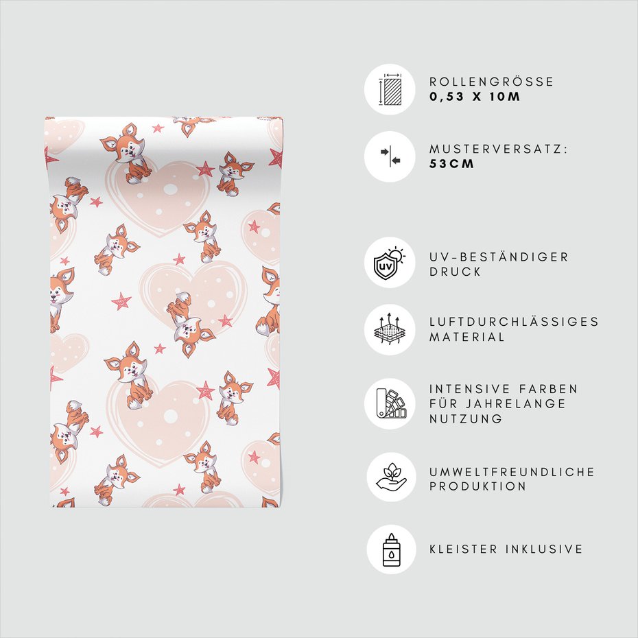 Tapeta - dziecięca, lisy, serca, gwiazdy