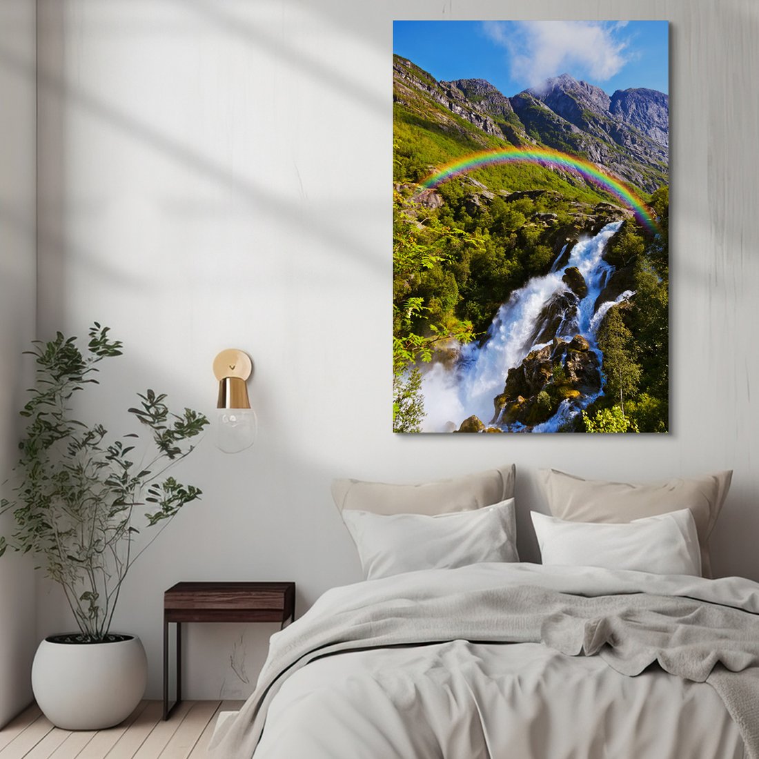 Obraz na płótnie - wodospad, góry, tęcza