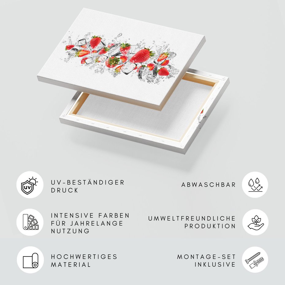 Obraz na płótnie - truskawki, kostki lodu, woda