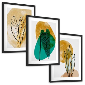 Zestaw obrazy w ramie, plakaty - liście, abstrakcja, rośliny - rama czarna