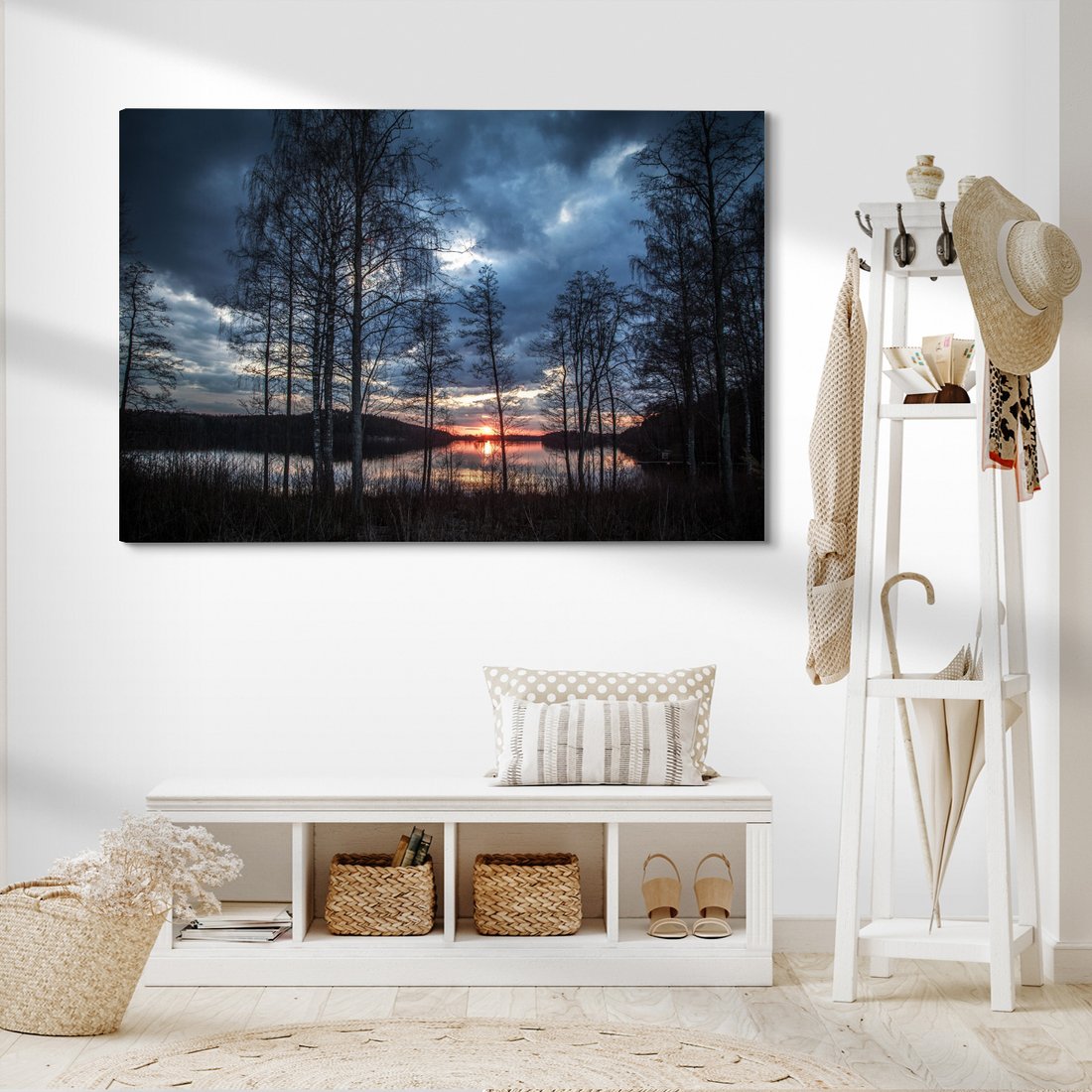 Obraz na płótnie - zachód słońca, jezioro, drzewa