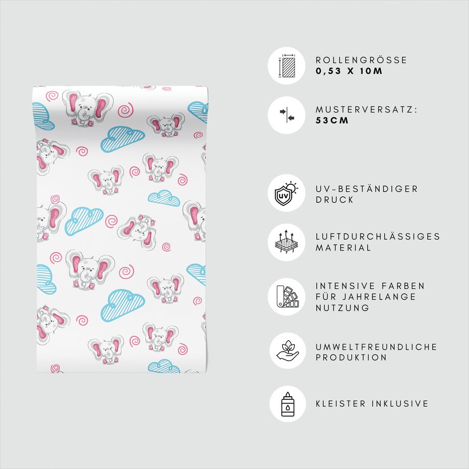 Tapeta - dziecięca, słoń, chmura,