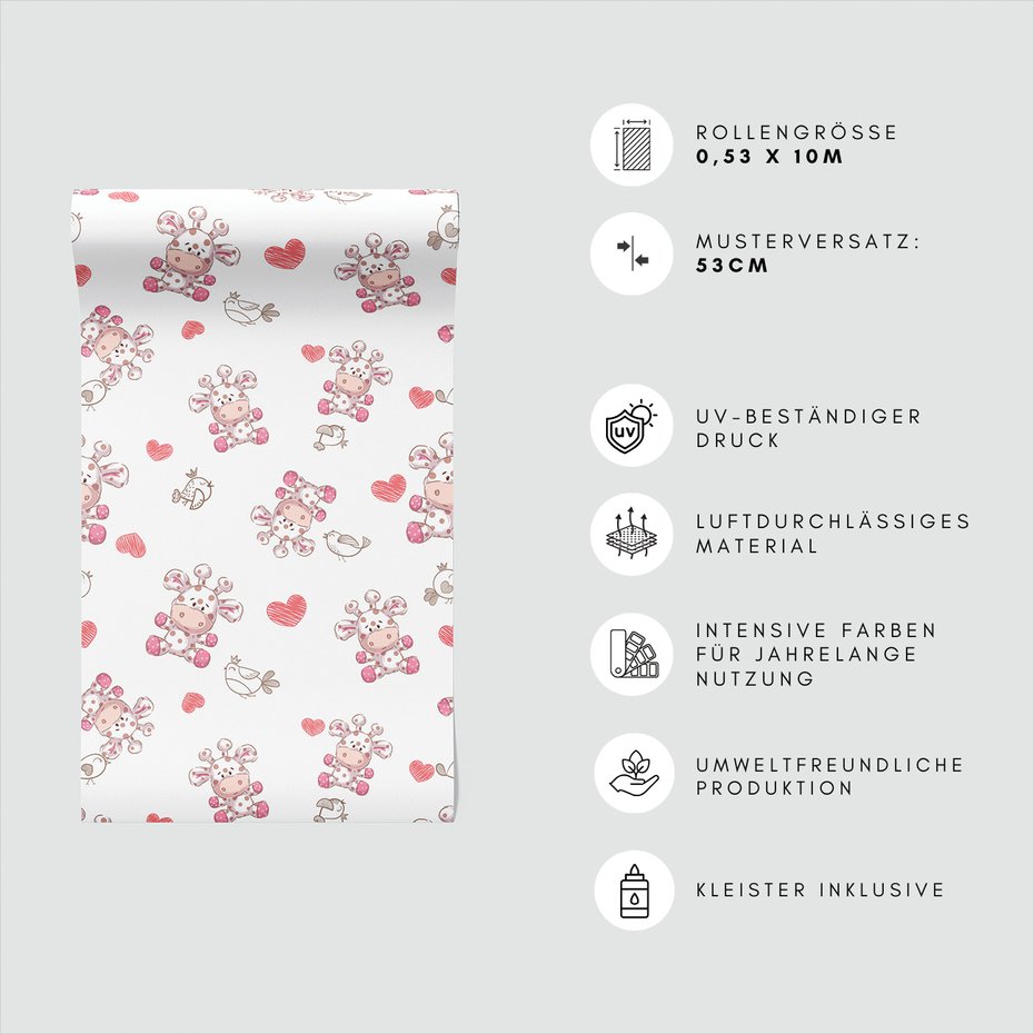 Tapeta - dziecięca, żyrafa, ptak, serce