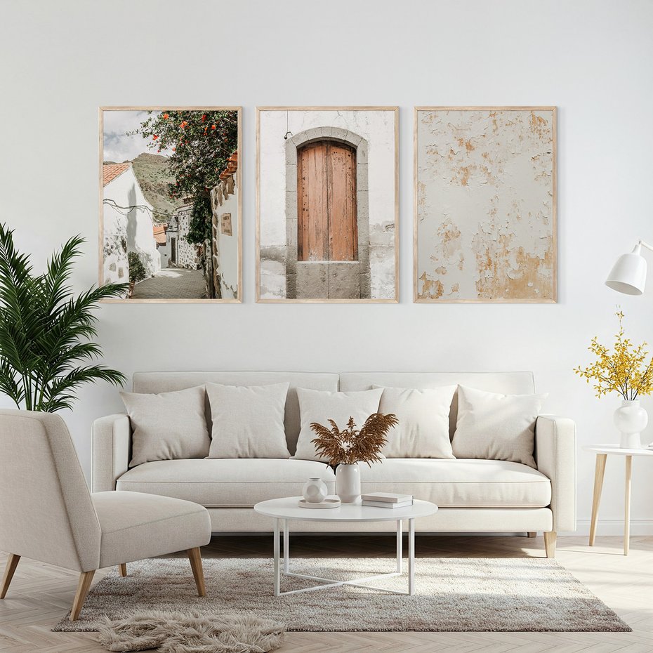 Zestaw obrazy w ramie, plakaty - ściana, drzwi, miasto - rama drewno