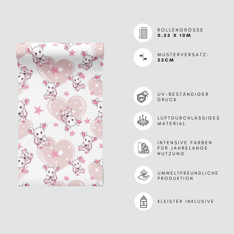 Tapeta - dziecięca, mysz, serca, gwiazdy