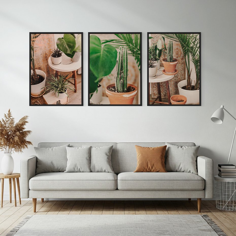 Zestaw obrazy w ramie, plakaty - rośliny, doniczki, wnętrze - rama czarna