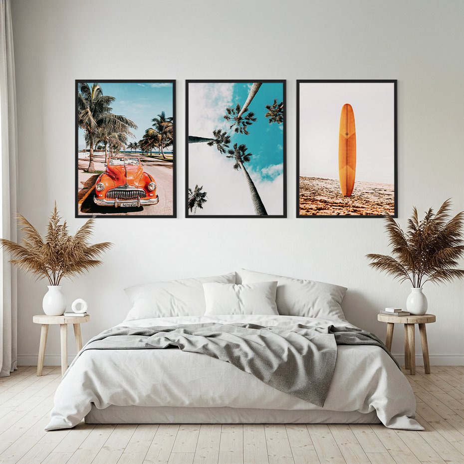 Zestaw obrazy w ramie, plakaty - palmy, plaża, wakacje - rama czarna