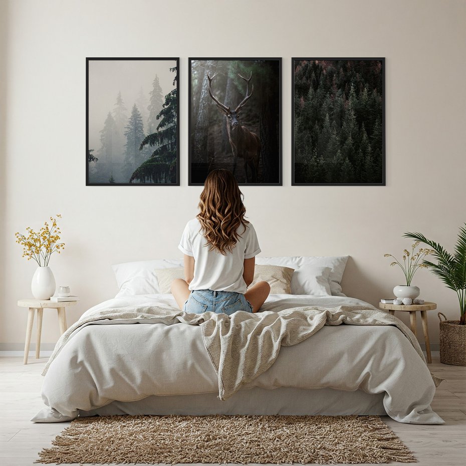 Zestaw obrazy w ramie, plakaty - las, drzewa, jeleń - rama czarna