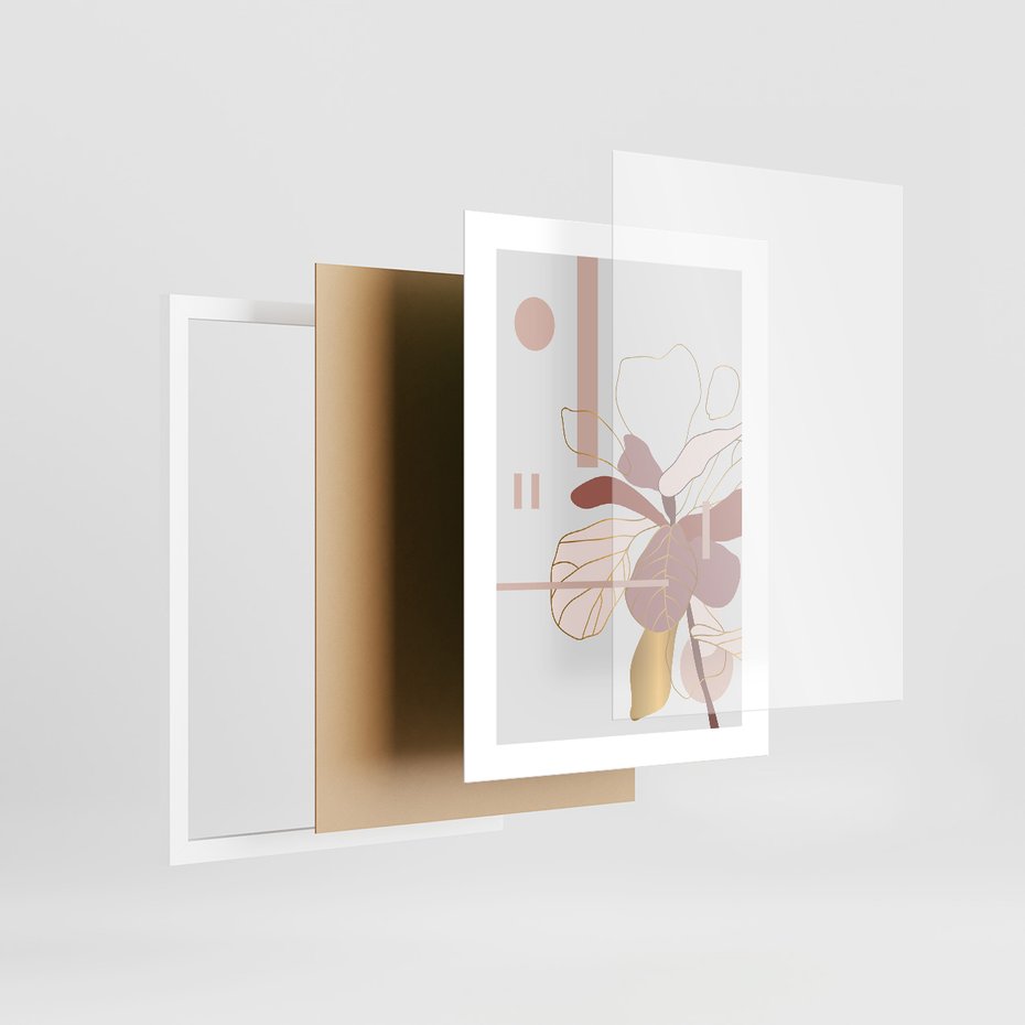 Zestaw obrazy w ramie, plakaty - liście, złoto, abstrakcja - rama biała