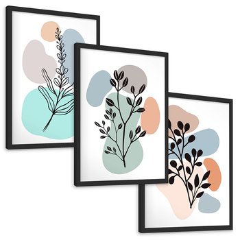 Zestaw obrazy w ramie, plakaty - liście, gałązki, abstrakcja - rama czarna