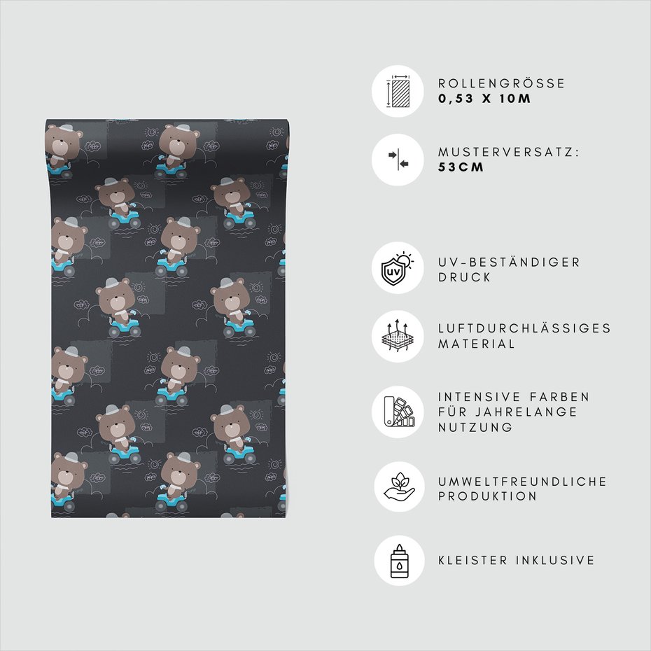 Tapeta - dziecięca, niedźwiedź, pojazd, chmury