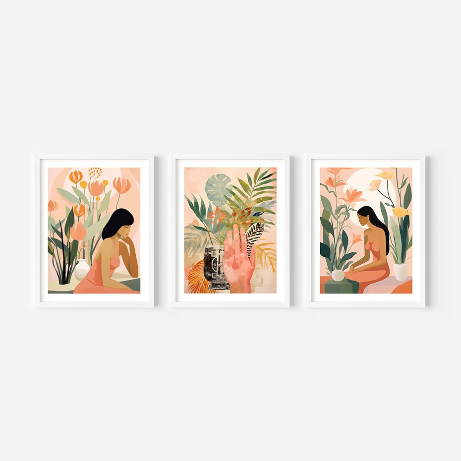 Zestaw obrazy w ramie, plakaty - kobieta, kwiaty, liście - rama biała