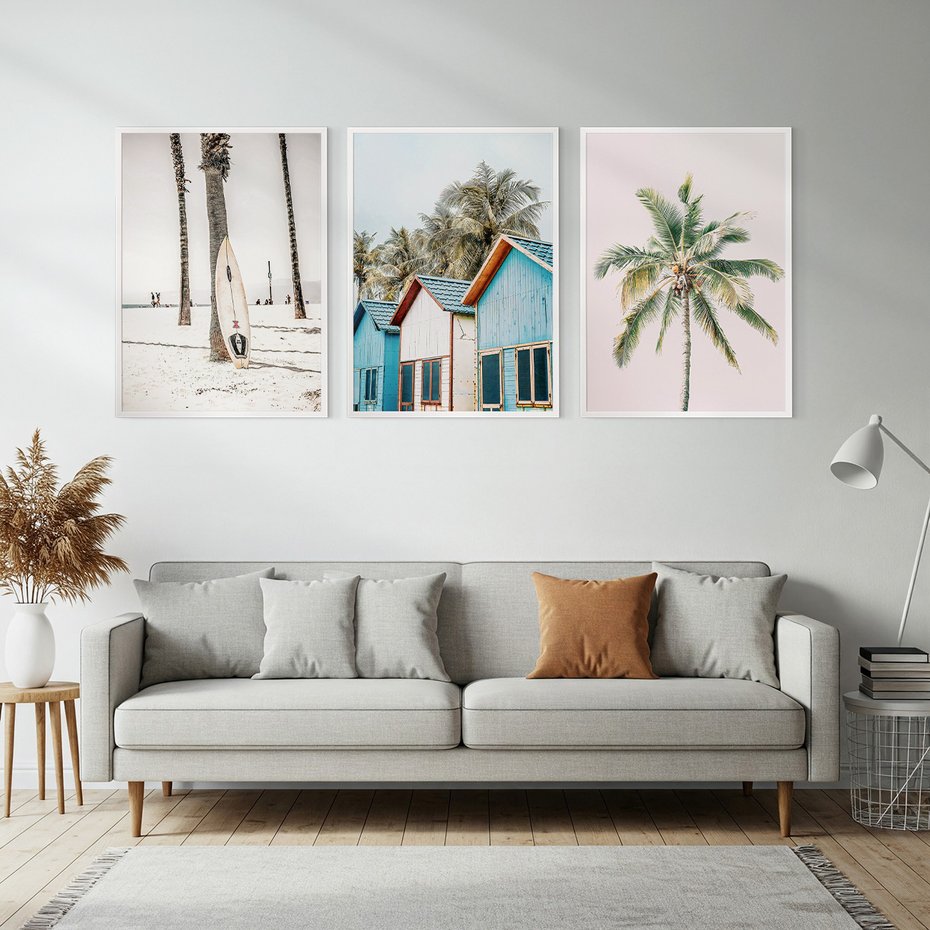 Zestaw obrazy w ramie, plakaty - palmy, plaża, domki - rama biała