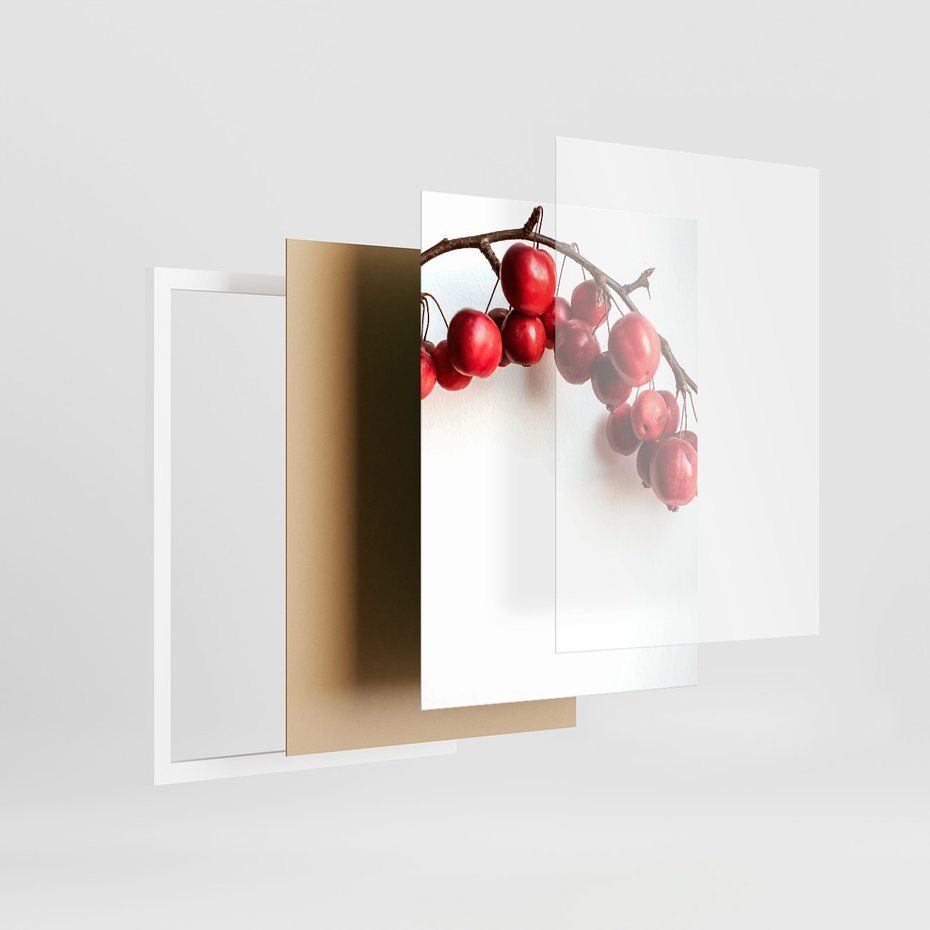 Zestaw obrazy w ramie, plakaty - owoce, kawa, gałązka - rama biała