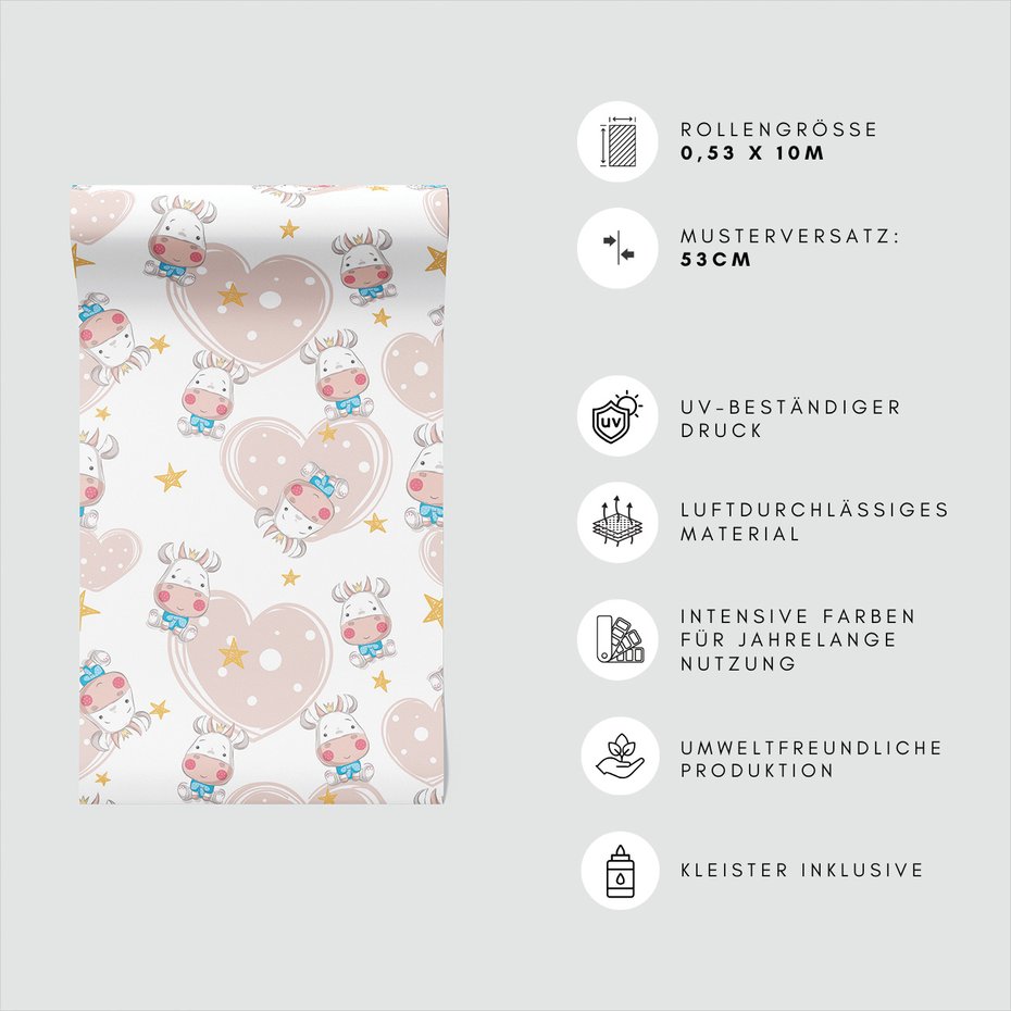 Tapeta - dziecięca, krowa, serce, gwiazda