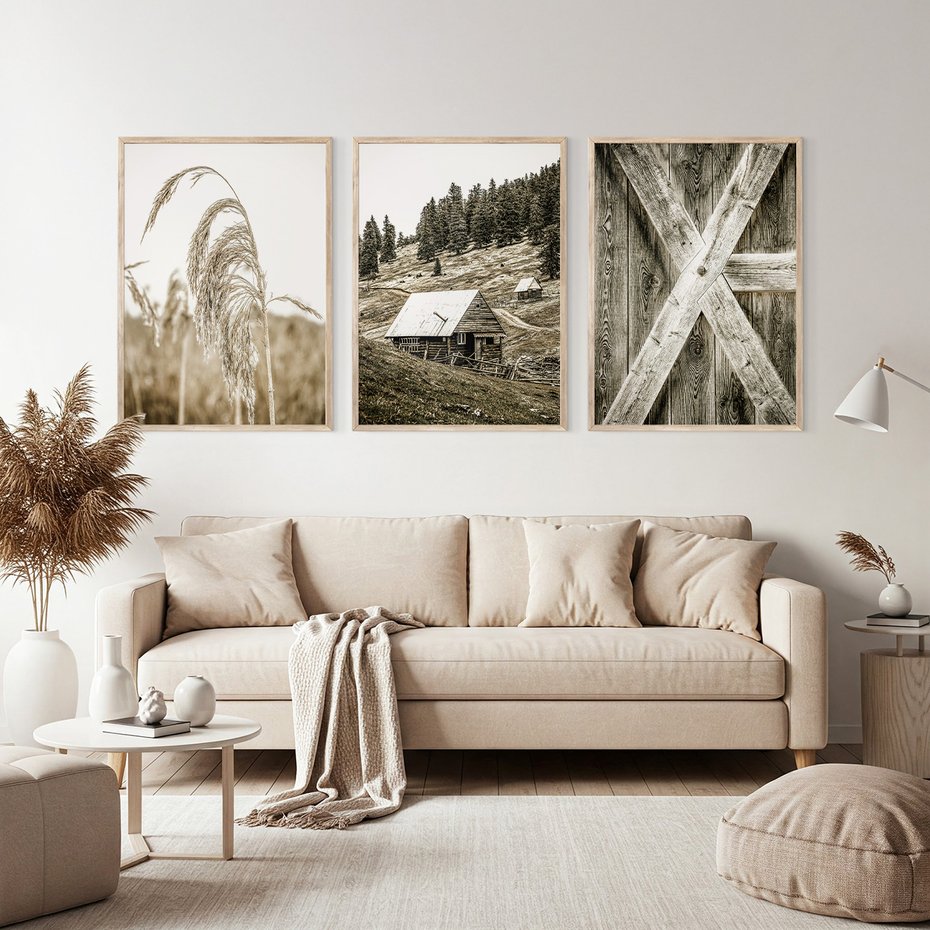 Zestaw obrazy w ramie, plakaty - natura, drewno, wieś - rama drewno