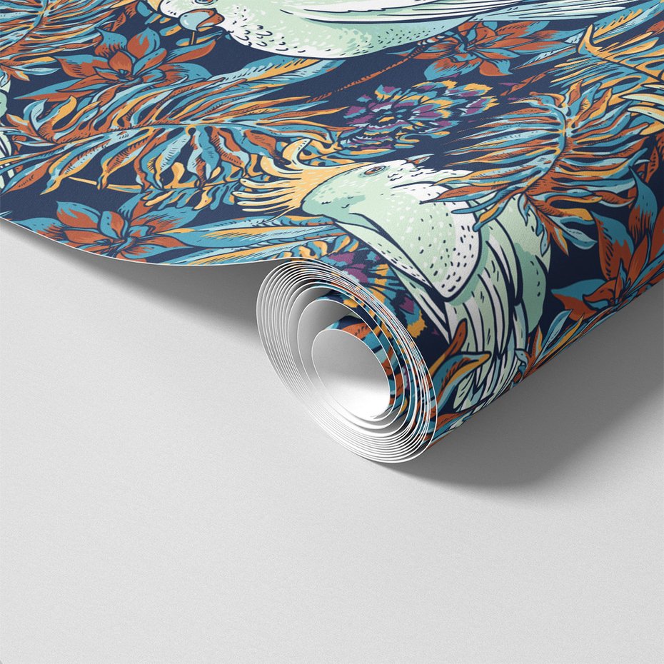 Tapeta - papuga, liście, kwiaty