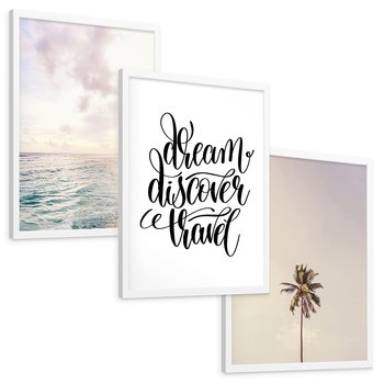 Zestaw obrazy w ramie, plakaty - plaża,palma,napis - rama biała