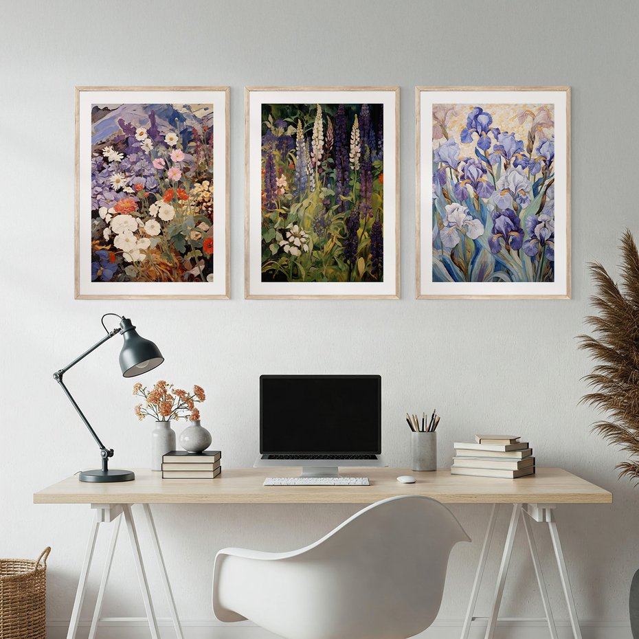 Zestaw obrazy w ramie, plakaty - kwiaty, irysy, rośliny - rama drewno