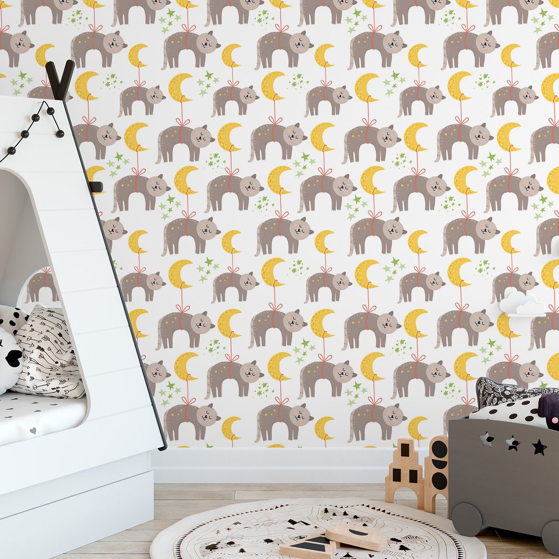 Tapeta - dziecięca, kot, księżyc, gwiazdy