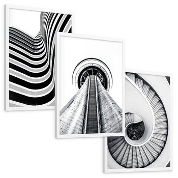 Zestaw obrazy w ramie, plakaty - struktura, schody, architektura - rama biała