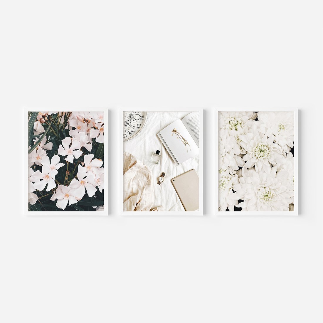 Zestaw obrazy w ramie, plakaty - kwiaty, biały, roślina - rama biała