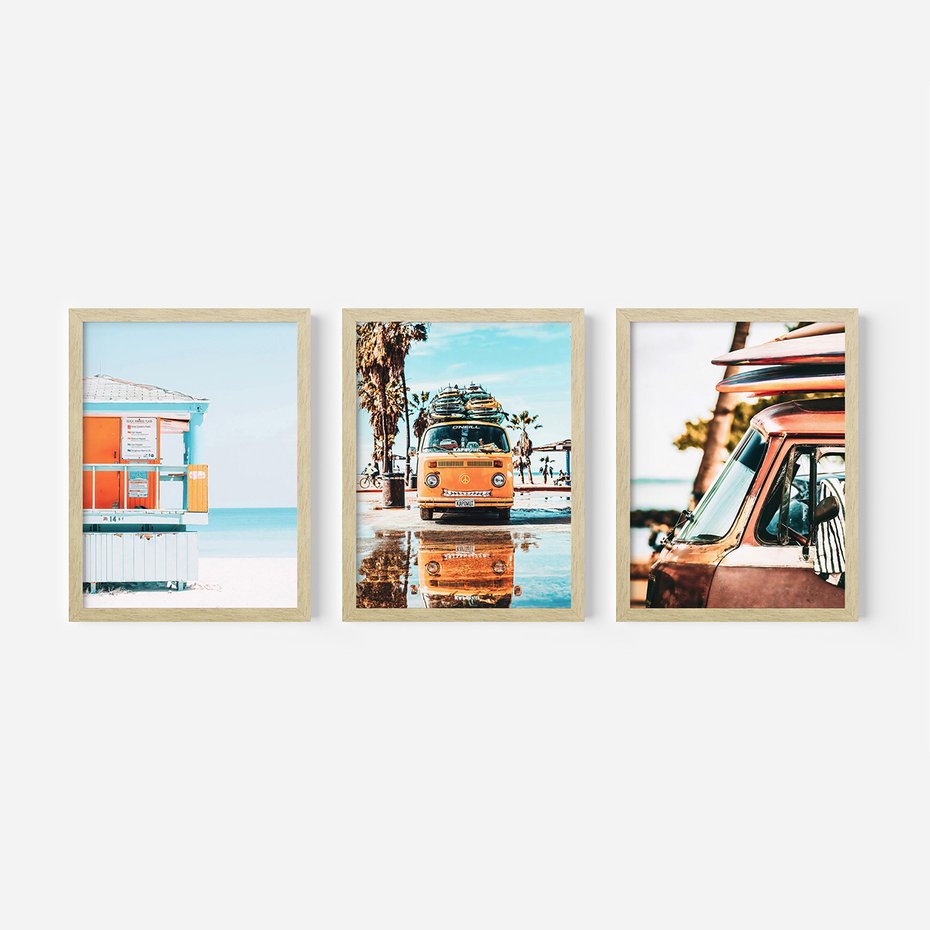 Zestaw obrazy w ramie, plakaty - plaża, wakacje, lato - rama drewno
