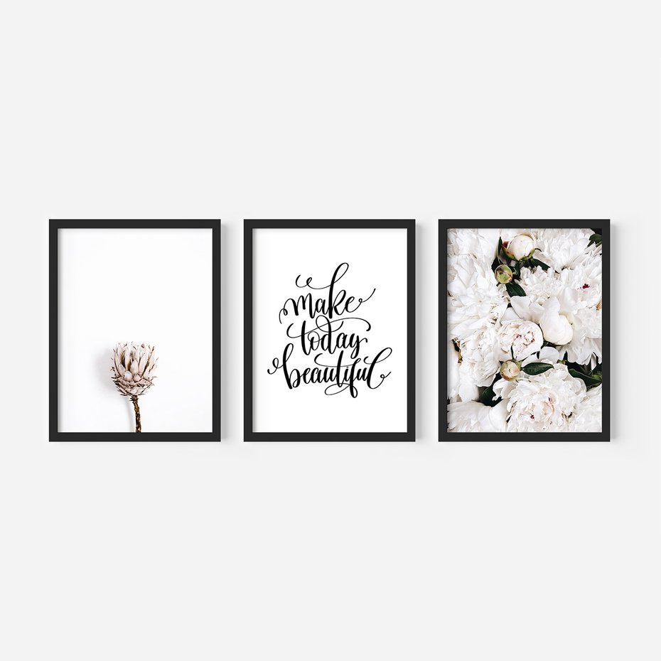 Zestaw obrazy w ramie, plakaty - kwiaty, napisy, protea - rama czarna
