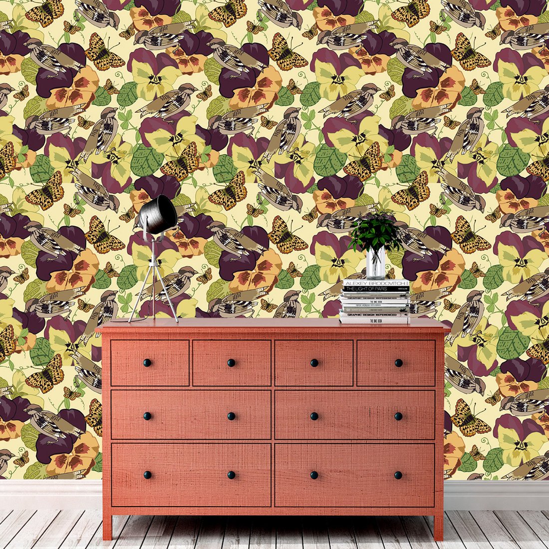 Tapeta - kwiaty, ptaki, motyle