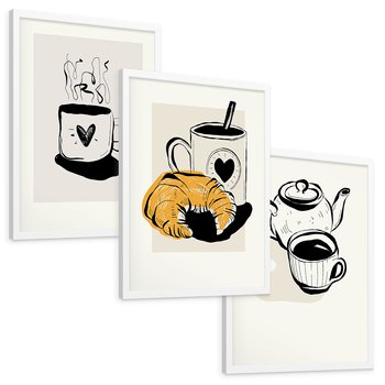 Zestaw obrazy w ramie, plakaty - kawa, filiżanka, croissant - rama biała