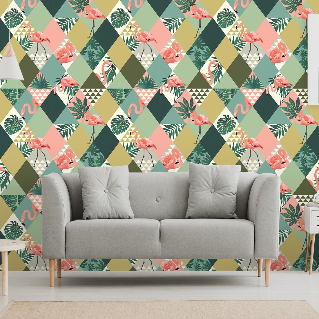 Tapeta - flamingo, liście, trójkąty