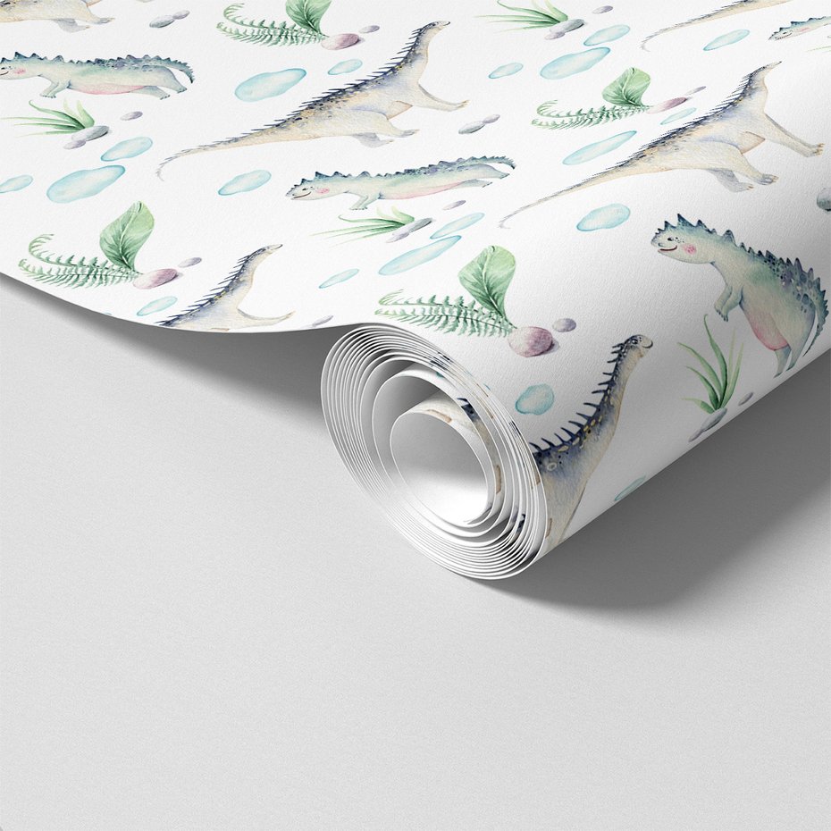 Tapeta - dziecięca, dinozaury, liście, chmury