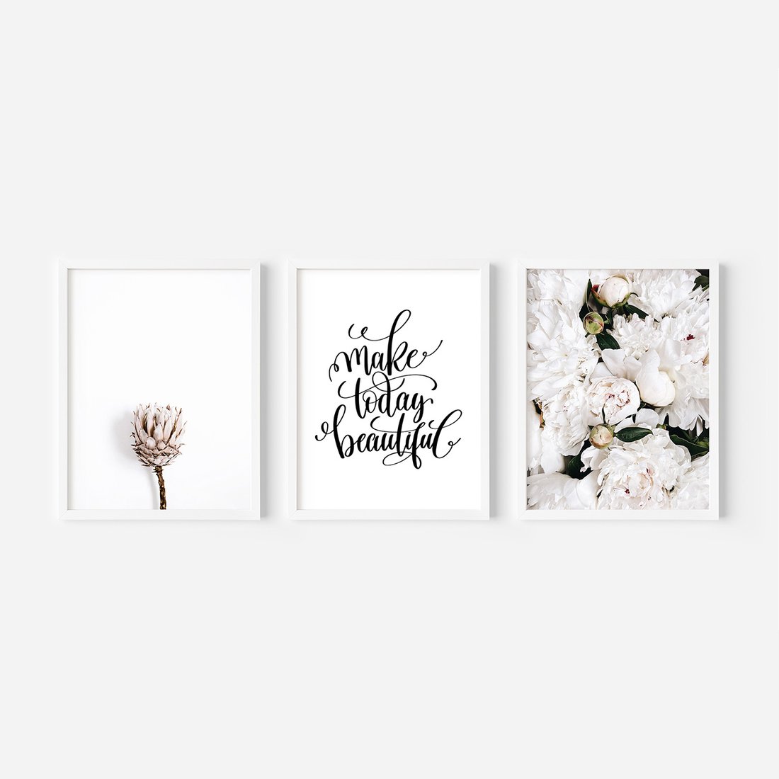 Zestaw obrazy w ramie, plakaty - kwiaty, napisy, protea - rama biała