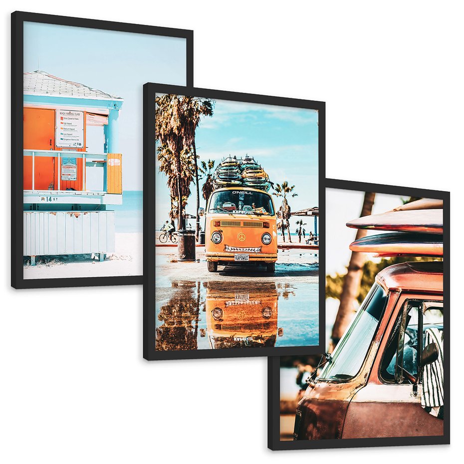 Zestaw obrazy w ramie, plakaty - plaża, wakacje, lato - rama czarna
