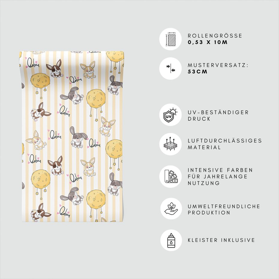 Tapeta - dziecięca, królik, księżyc, serce