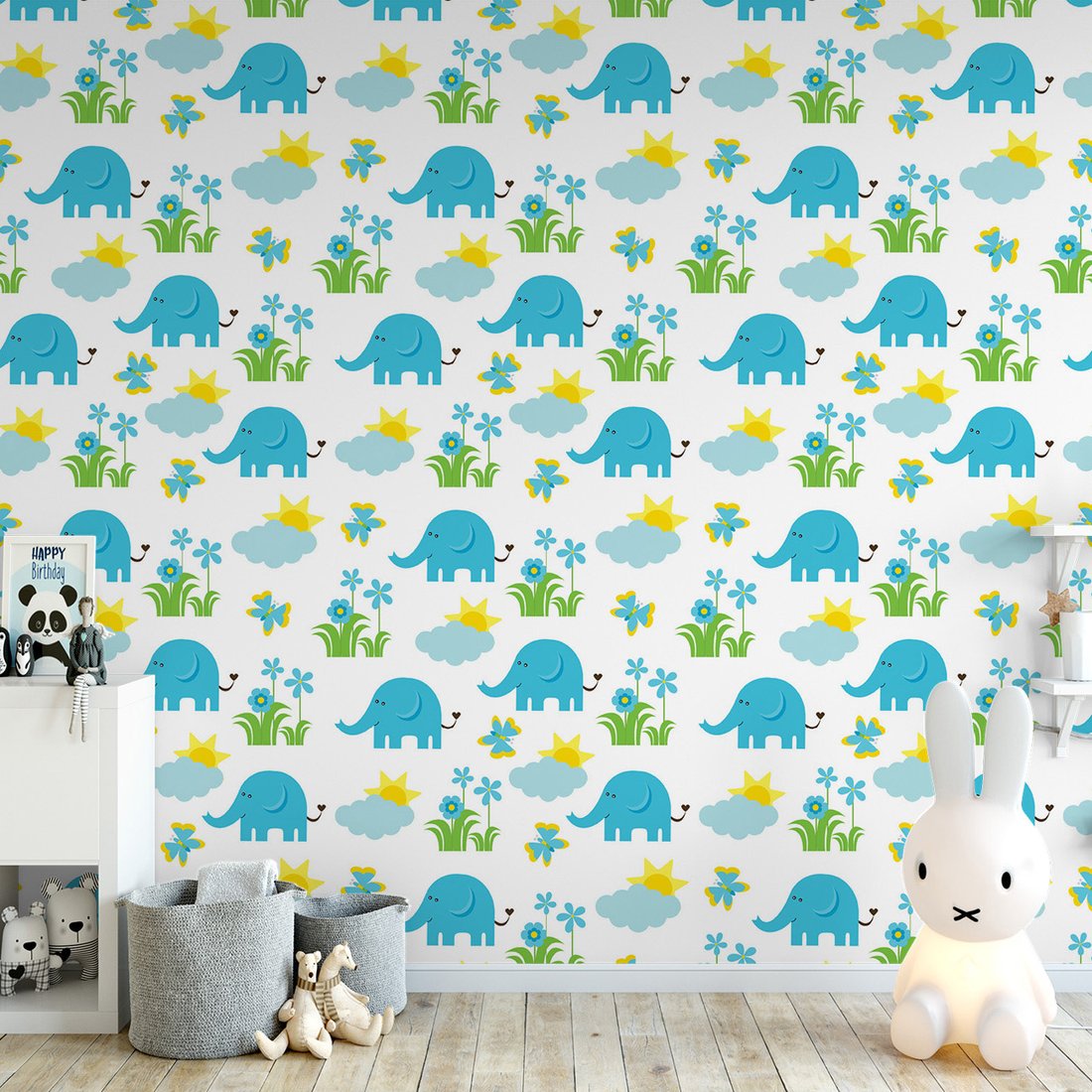 Tapeta - dziecięca, słoń, motyl, kwiat