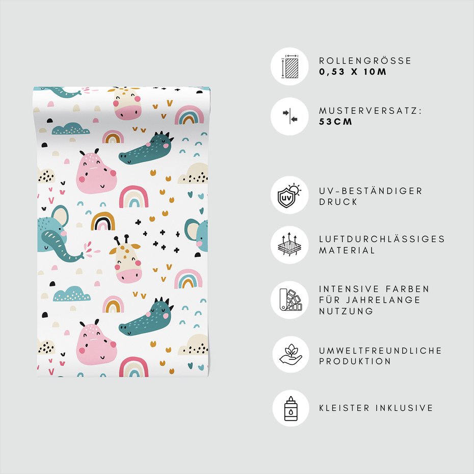 Tapeta - dziecięca, słoń, chmury, tęcza