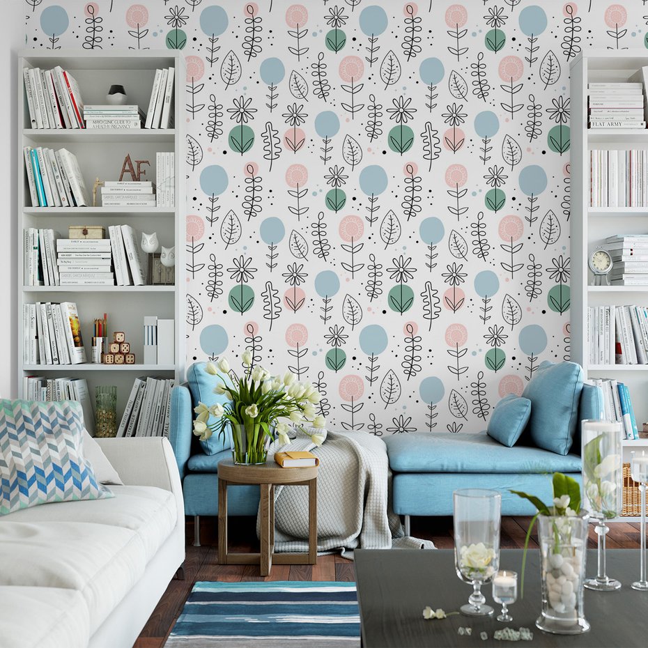 Tapeta - kwiaty, liście, kropki