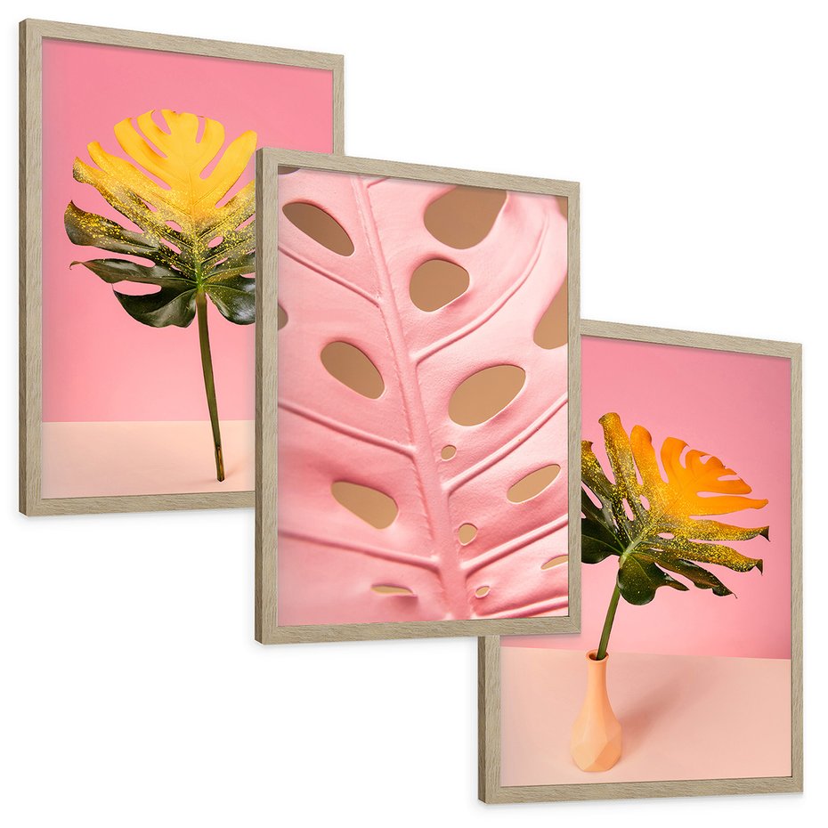 Zestaw obrazy w ramie, plakaty - liść, monstera, roślina - rama drewno