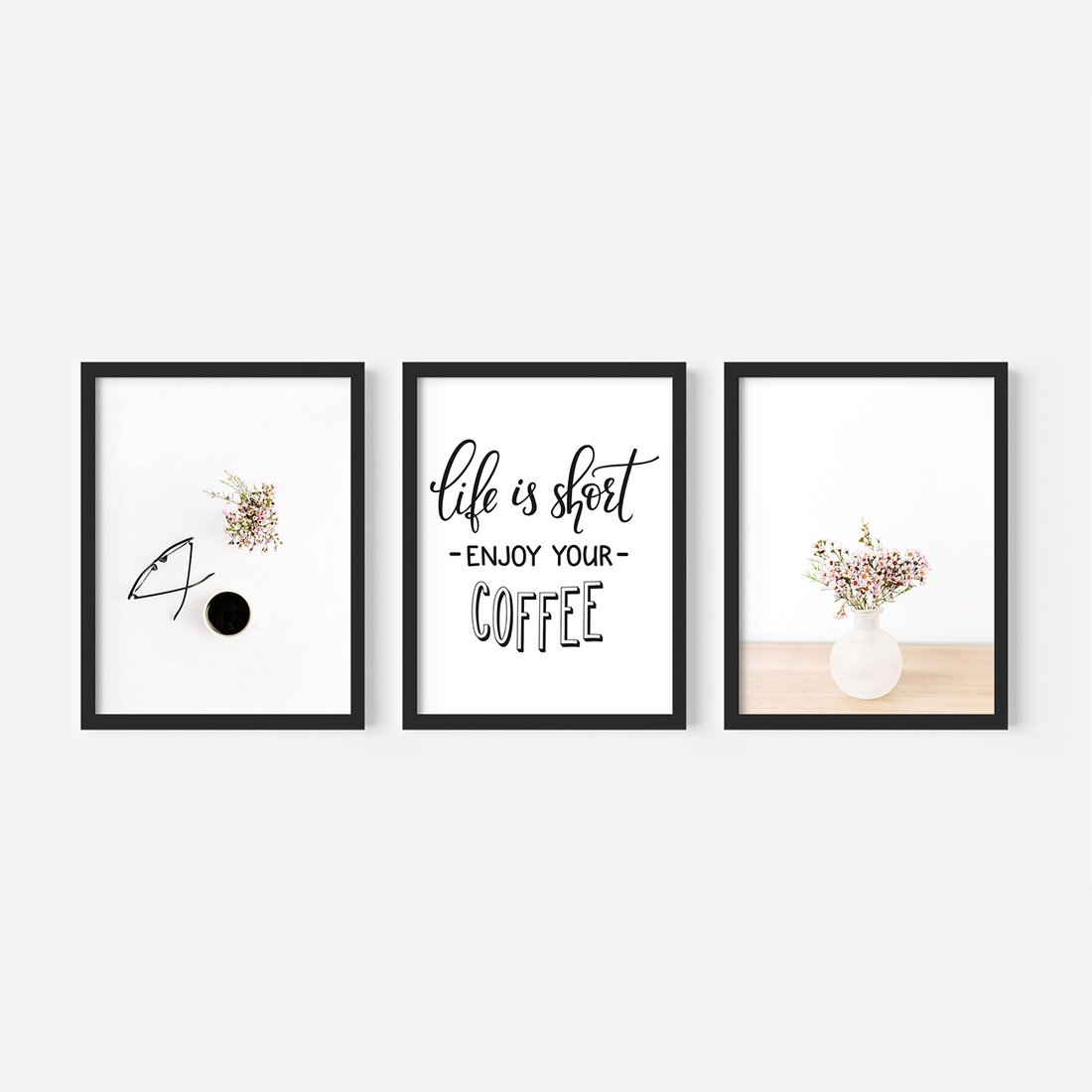 Zestaw obrazy w ramie, plakaty - kwiaty, kawa, okulary - rama czarna
