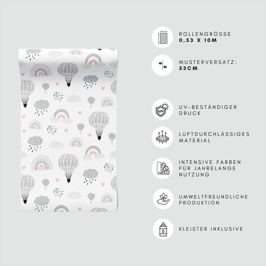 Tapeta - dziecięca, balony, chmury, tęcze