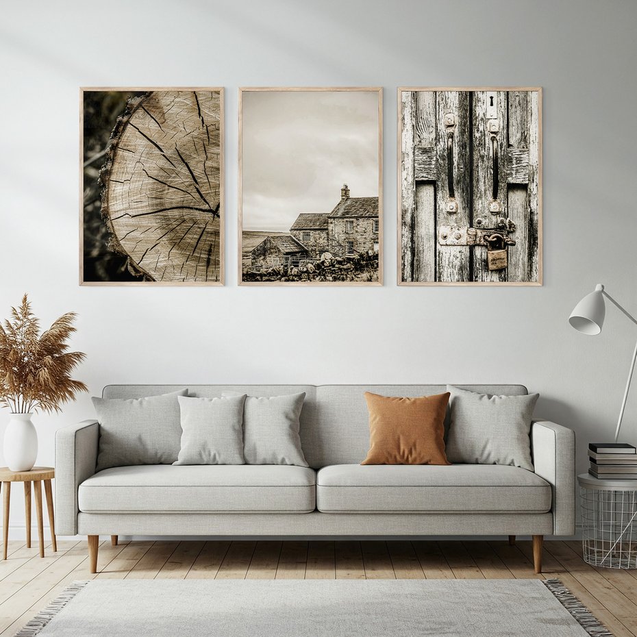 Zestaw obrazy w ramie, plakaty - drewno, tekstura, budynek - rama drewno