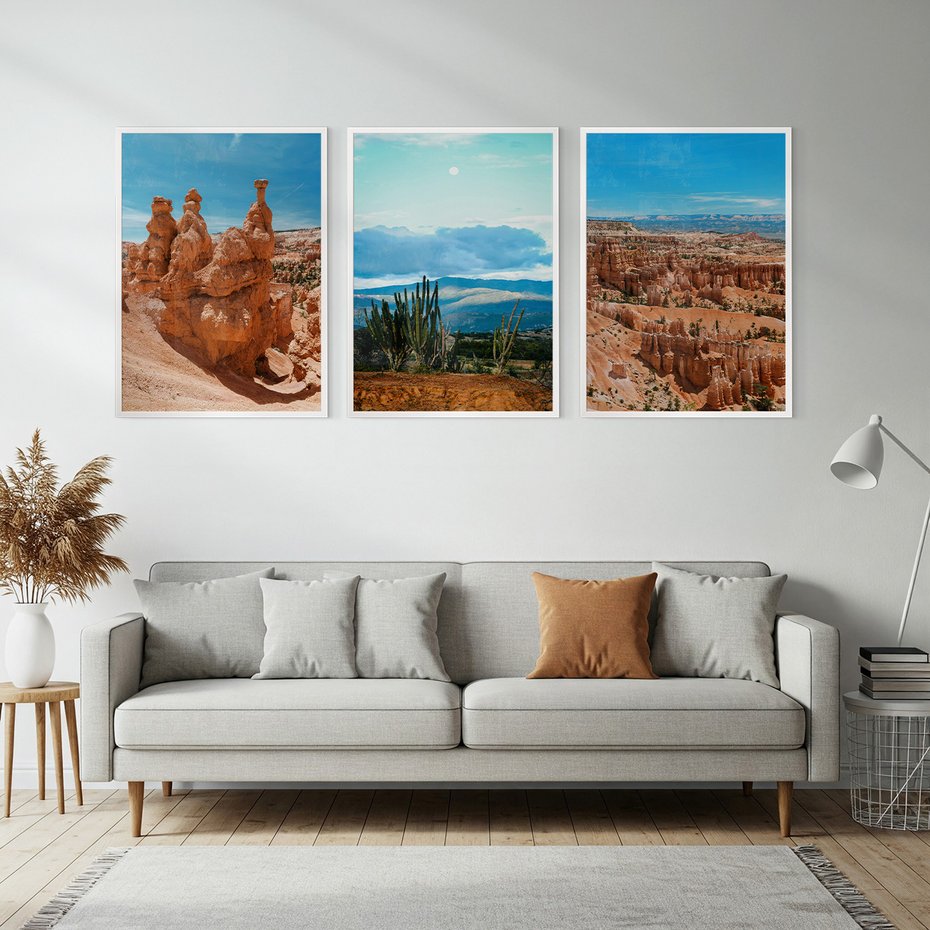Zestaw obrazy w ramie, plakaty - formacje skalne, kanion, kaktusy - rama biała