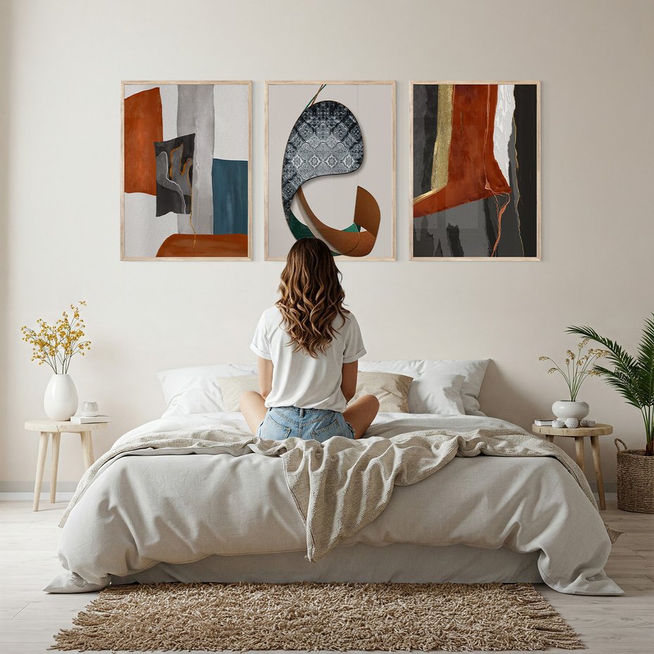 Zestaw obrazy w ramie, plakaty - abstrakcja, geometria, nowoczesność - rama drewno