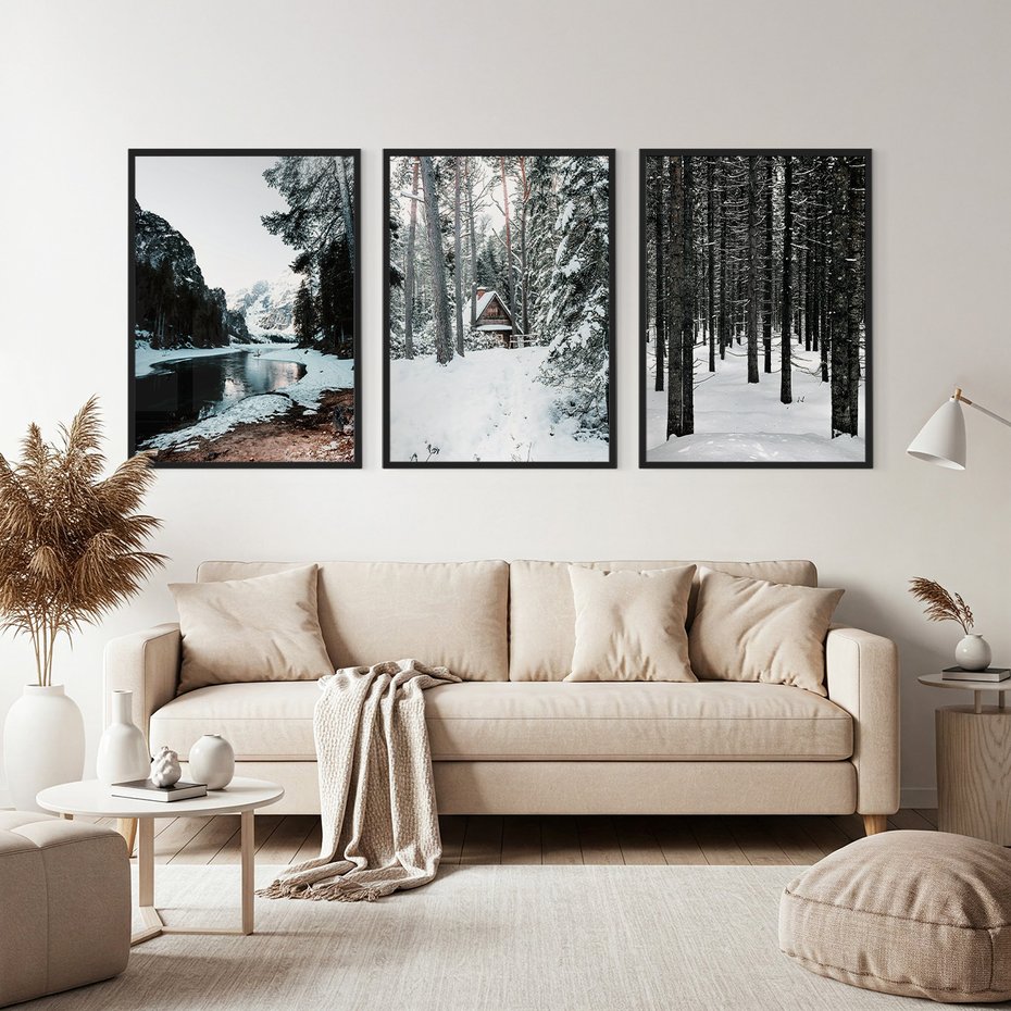 Zestaw obrazy w ramie, plakaty - zima, śnieg, las - rama czarna